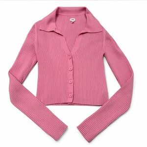Aerie Gotta Jet Pink Ribbed Cardigan Sweater Women’s Medium Preppy Coquette